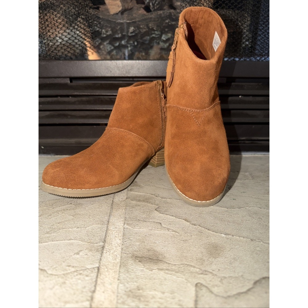Tom's Boots Brown Suede Ankle Women's Girls Size 2.5 Side Zip Block Heel Booties